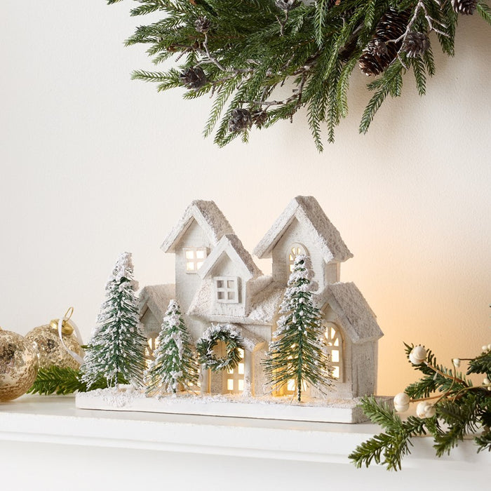 Melrose LED Flocked Holiday Village Display 12.5"L, White/Green