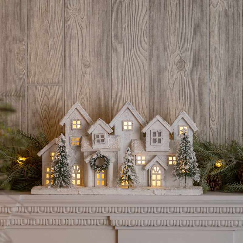 Melrose LED Flocked Winter Village Display 17"L, White/Green