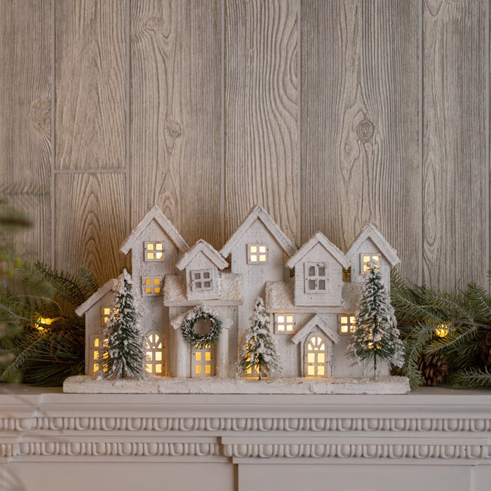 Melrose LED Flocked Winter Village Display 17"L, White/Green