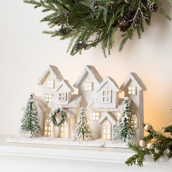 Melrose LED Flocked Winter Village Display 17"L, White/Green