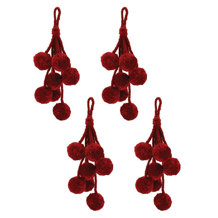 Melrose Burgandy Pom Pom Cluster Drop Ornament, Set of 4, Red