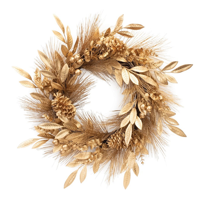 Melrose International Metallic Pine/Bay Leaf Berry Wreath 25.5"D, Gold - 91234DS
