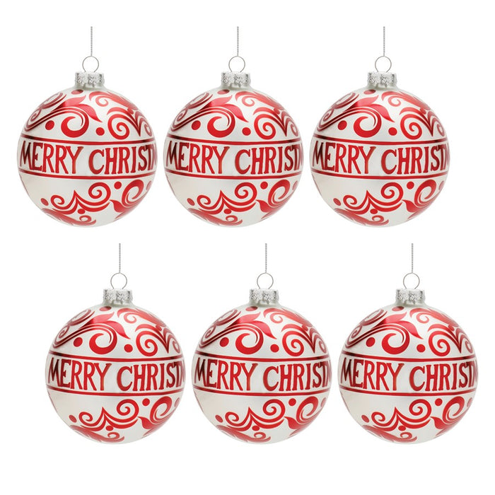 Melrose Glass Merry Christmas Ball Ornament, Set of 6, Red/White