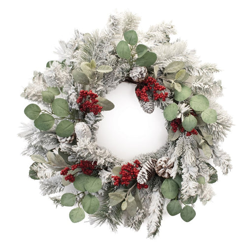 Melrose Flocked Pine Eucalyptus Berry Wreath 28"D, Green/Red - 91257DS