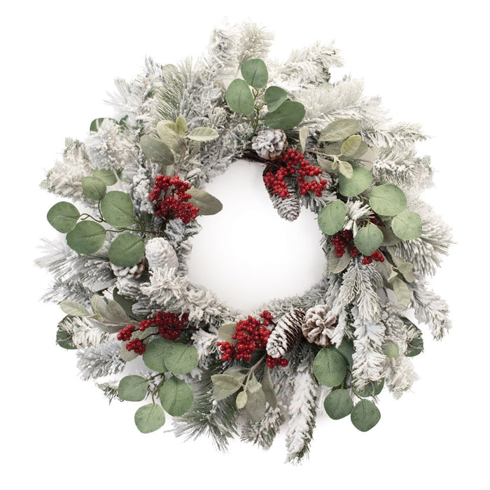 Melrose Flocked Pine Eucalyptus Berry Wreath 28"D, Green/Red - 91257DS