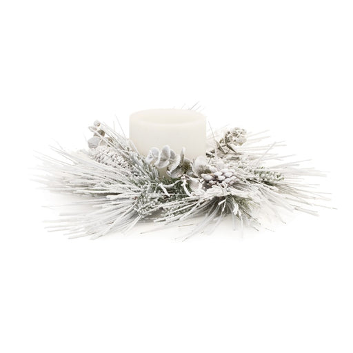 Melrose Flocked Mixed Pine Eucalyptus Candle Ring 24.5"D, White/Green - 91314DS