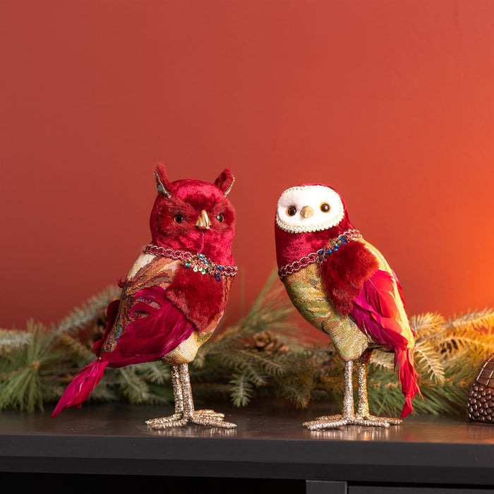 Melrose Jeweled Tapestry Owl Shelf Sitter, Set of 4, Red/Gold