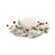 Melrose Flocked Pine Holly Sleigh Candle Ring 18", White/Green/Red - 91327DS