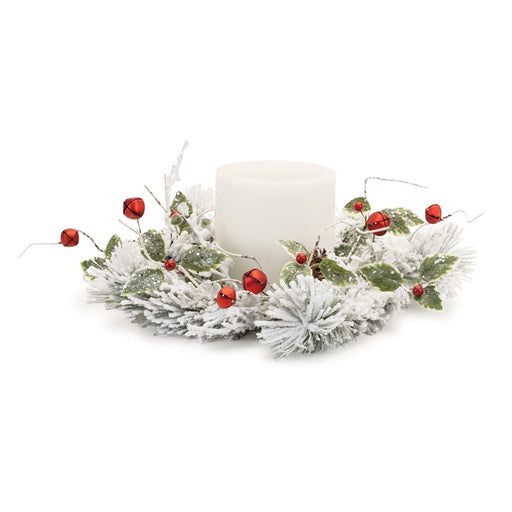 Melrose Flocked Pine Holly Sleigh Candle Ring 18", White/Green/Red - 91327DS