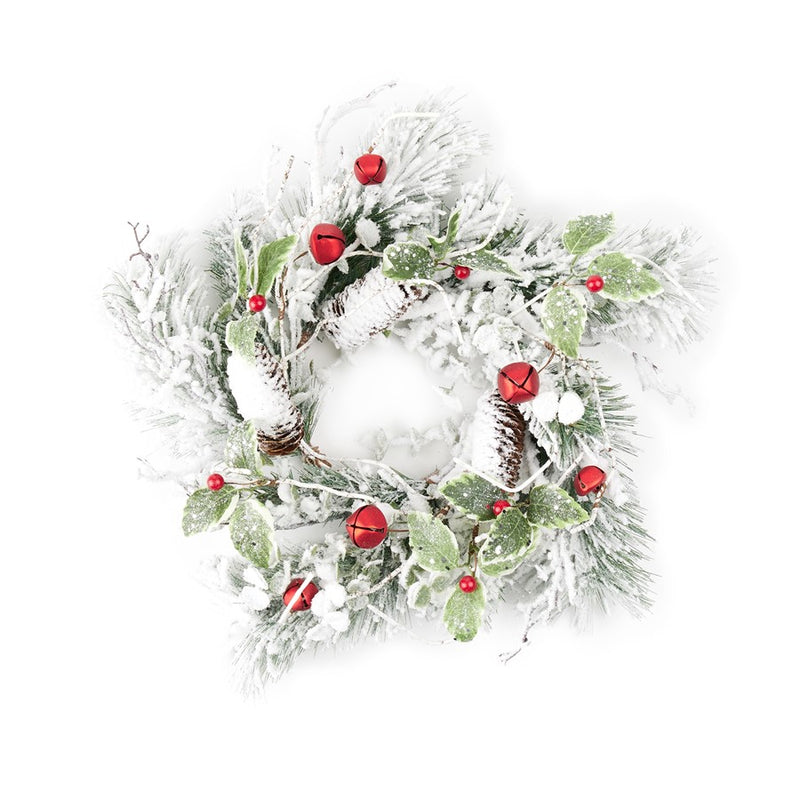 Melrose Flocked Pine Holly Sleigh Candle Ring 18", White/Green/Red