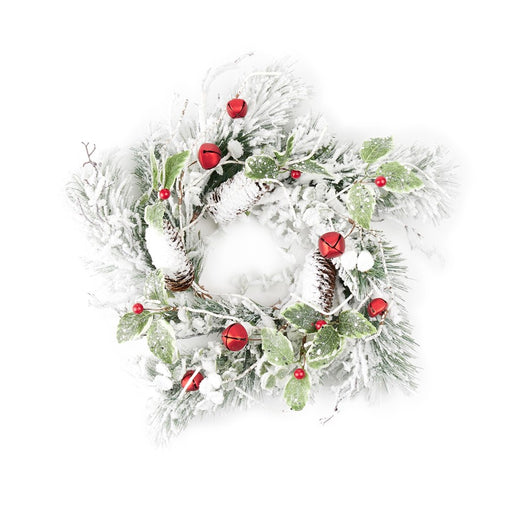 Melrose Flocked Pine Holly Sleigh Candle Ring 18", White/Green/Red