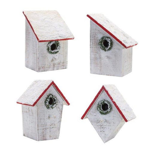 Melrose Flocked Wood Birdhouse/Wreath Accent, Set of 4, White/Red - 91366DS