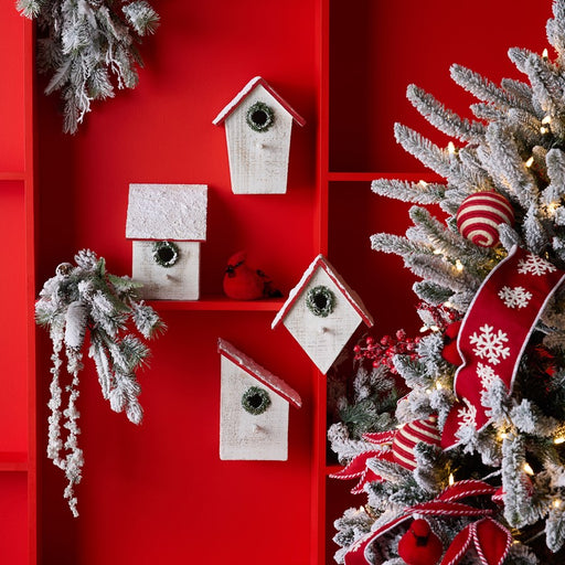 Melrose Flocked Wood Birdhouse/Wreath Accent, Set of 4, White/Red
