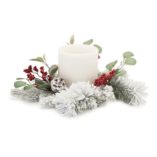 Melrose Flocked Mixed Pine Eucalyptus Berry Candle Ring 16", White/Red - 91384DS