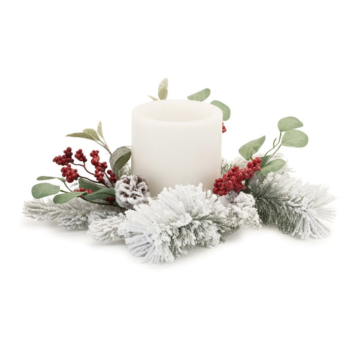 Melrose Flocked Mixed Pine Eucalyptus Berry Candle Ring 16", White/Red - 91384DS