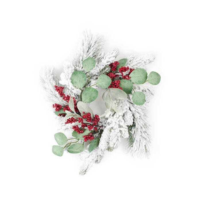 Melrose Flocked Mixed Pine Eucalyptus Berry Candle Ring 16", White/Red