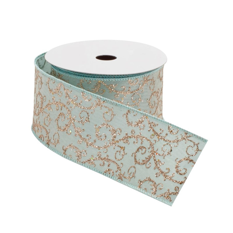 Melrose International Orante Green/Gold Glitter Wired Ribbon 4"x10 yds