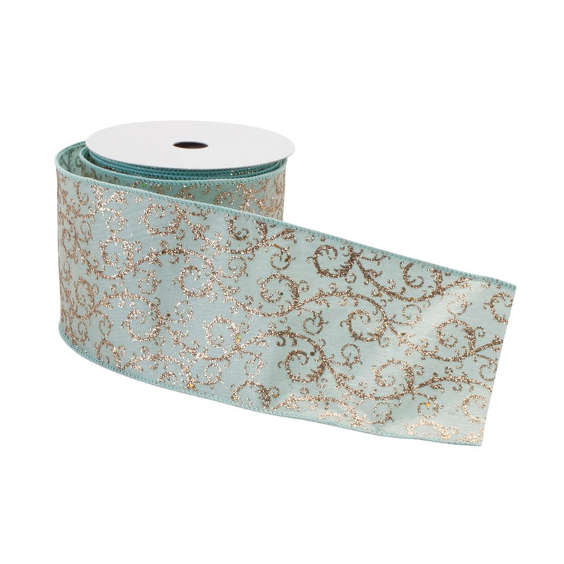 Melrose International Orante Blue/Gold Glitter Wired Ribbon 4"x10 yds