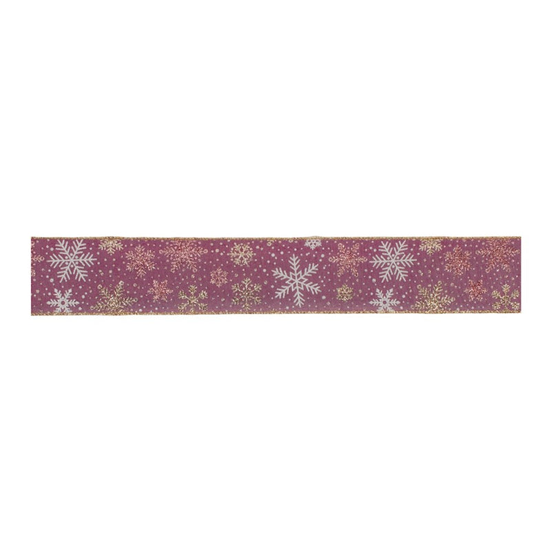 Melrose Mauve/Glitter Snowflake Wired Ribbon 2.5"x10yds, Pink/Gold - 91468DS