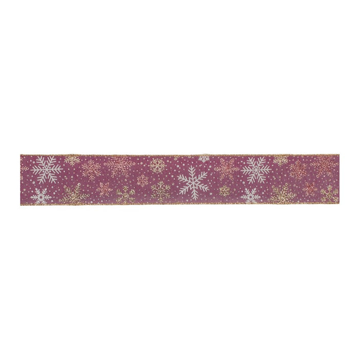 Melrose Mauve/Glitter Snowflake Wired Ribbon 2.5"x10yds, Pink/Gold - 91468DS