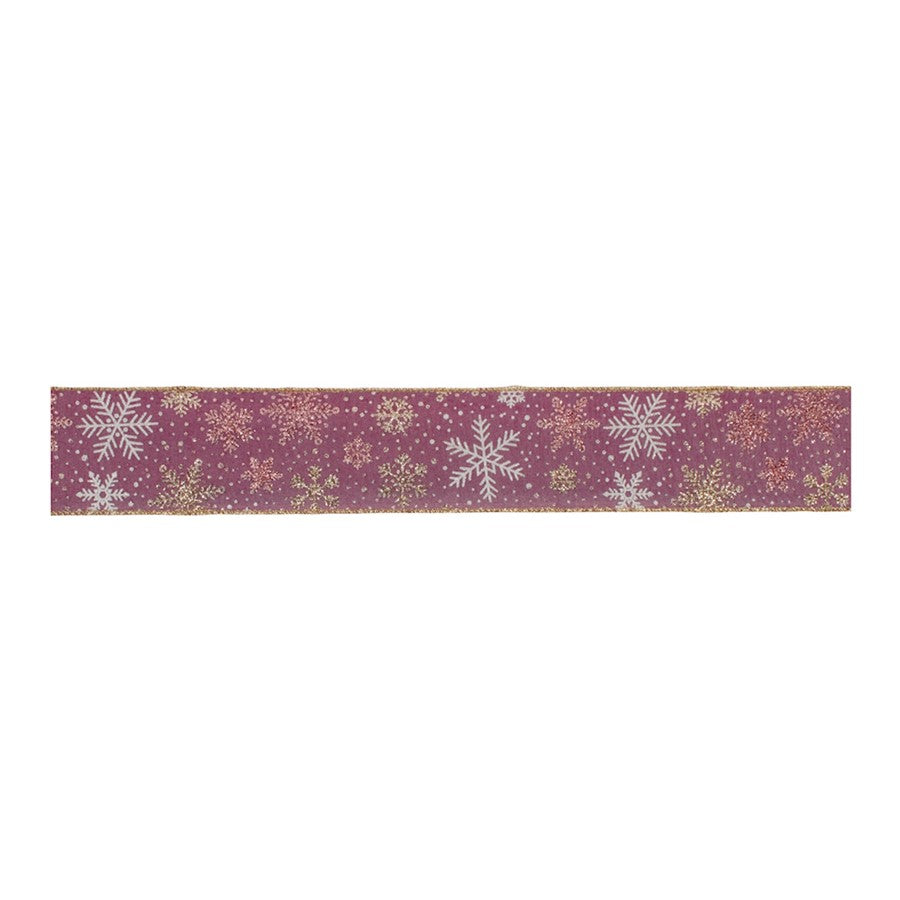 Melrose Mauve/Glitter Snowflake Wired Ribbon 2.5"x10yds, Pink/Gold - 91468DS