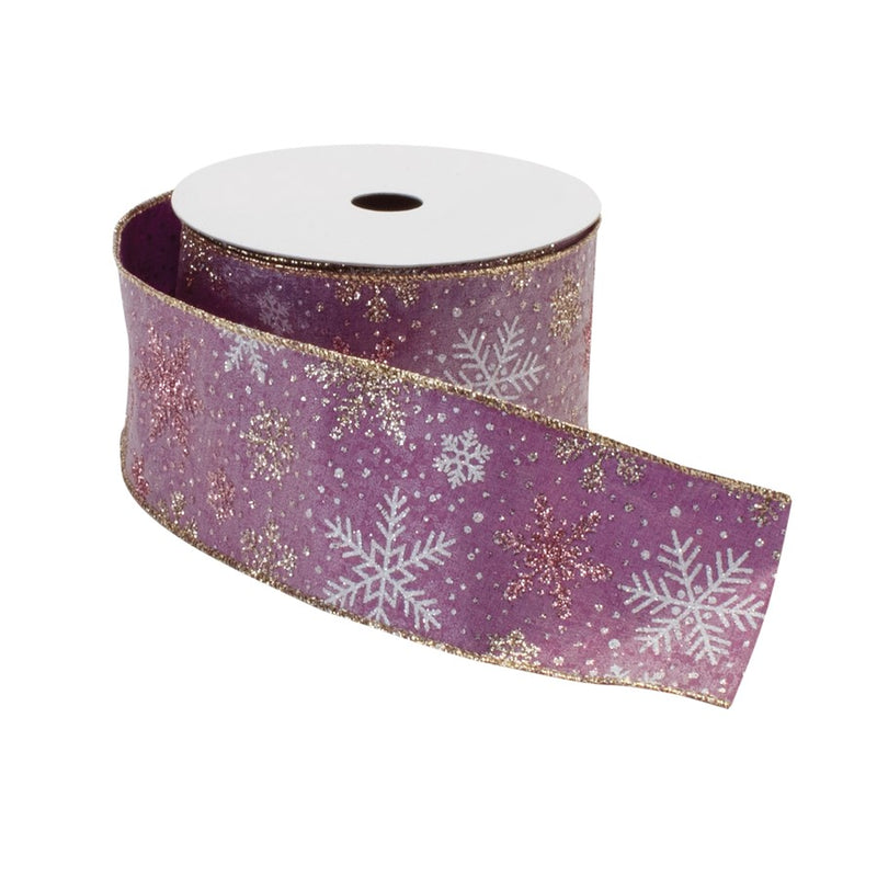 Melrose Mauve/Glitter Snowflake Wired Ribbon 2.5"x10yds, Pink/Gold