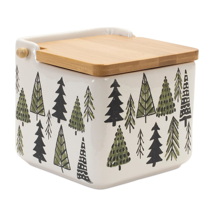 Melrose Ceramic Pine Tree Canister/Wood Lid 5.25"L, Green/White/Beige - 91547DS