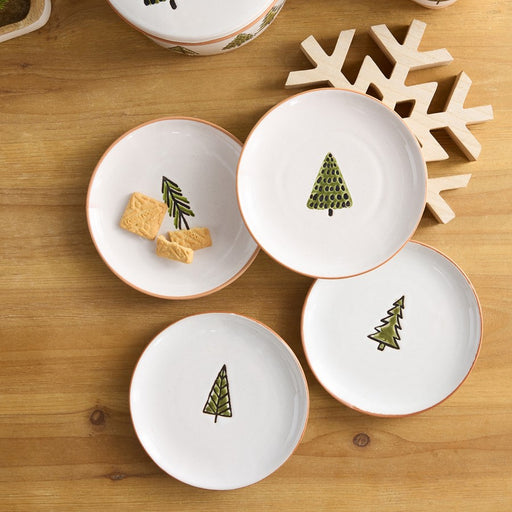 Melrose Ceramic Pine Tree Plate, Set of 4, White/Green/Beige