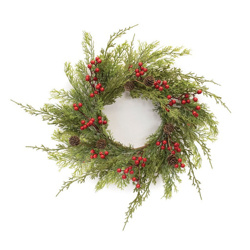 Melrose International Mixed Pine Berry Candle Ring 17.5"D, Green/Red - 91557DS