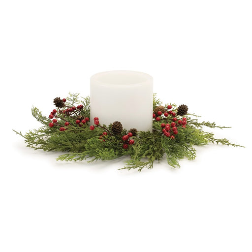 Melrose International Mixed Pine Berry Candle Ring 17.5"D, Green/Red