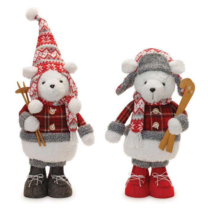 Melrose International Plush Polar Bear/Skis, Set of 2, Red/Grey - 91660DS