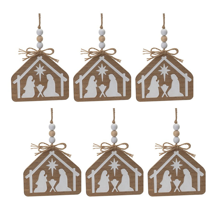 Melrose Wood Beaded Nativity Scene Ornament, Set of 6, Brown/White