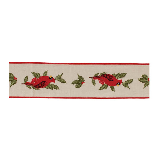 Melrose Embroidered Winter Cardinal Ribbon 4"x5 yds, Beige/Red - 91721DS