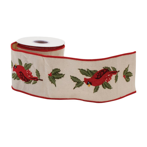 Melrose Embroidered Winter Cardinal Ribbon 4"x5 yds, Beige/Red