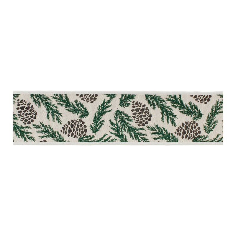 Melrose Pine/Pinecone Cotton Wired Ribbon 4"x5yds, White/Green - 91736DS