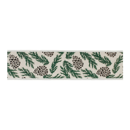 Melrose Pine/Pinecone Cotton Wired Ribbon 4"x5yds, White/Green - 91736DS