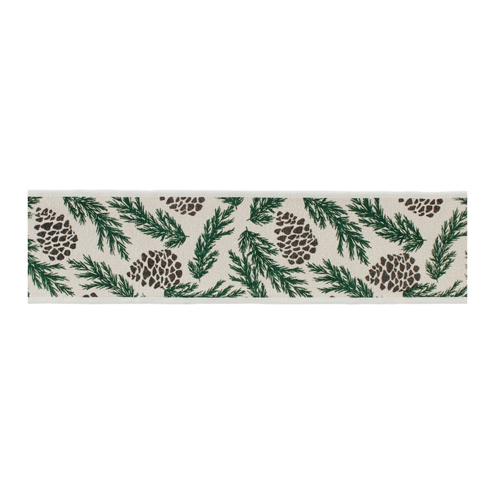 Melrose Pine/Pinecone Cotton Wired Ribbon 4"x5yds, White/Green - 91736DS