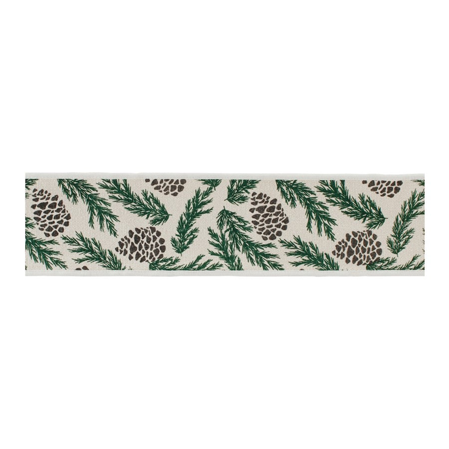 Melrose Pine/Pinecone Cotton Wired Ribbon 4"x5yds, White/Green - 91736DS