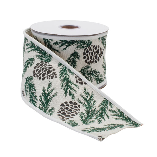 Melrose Pine/Pinecone Cotton Wired Ribbon 4"x5yds, White/Green