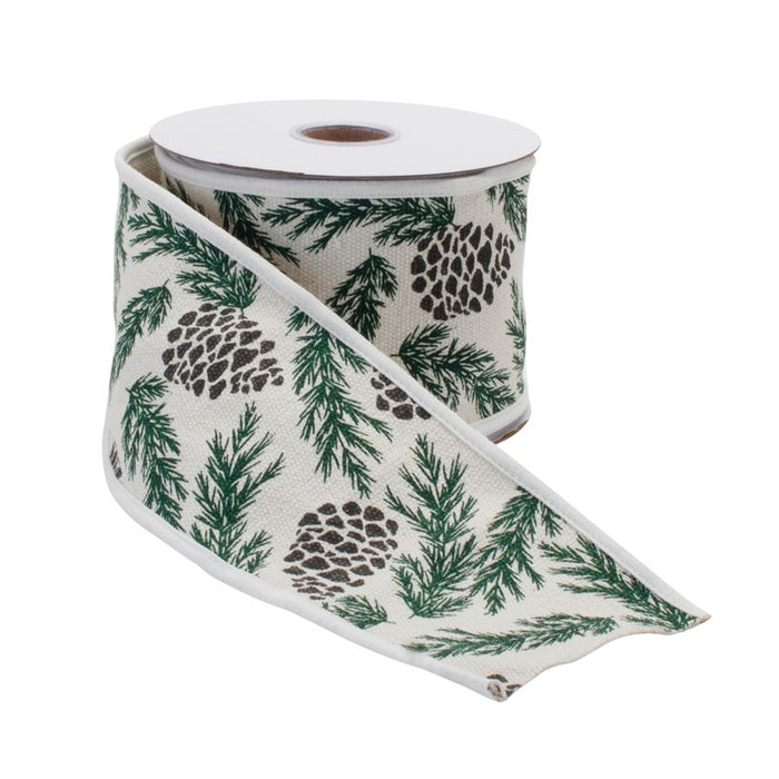 Melrose Pine/Pinecone Cotton Wired Ribbon 4"x5yds, White/Green