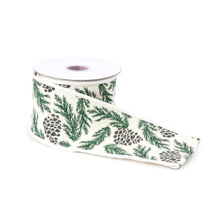 Melrose Pine/Pinecone Cotton Wired Ribbon 4"x5yds, White/Green