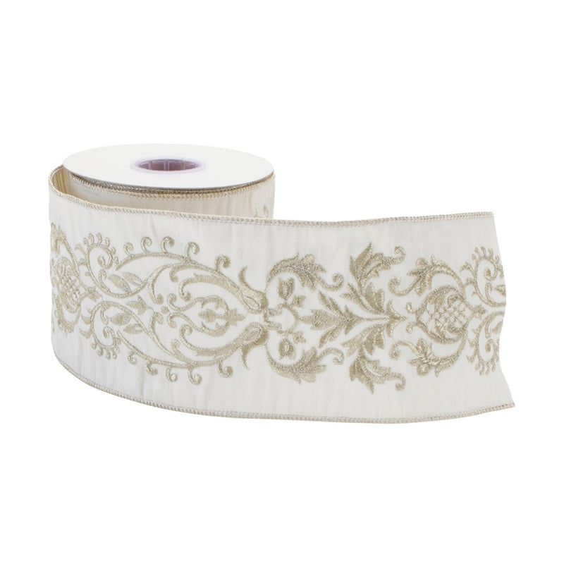Melrose International Ornate White Ribbon 4"x5 Yds, White