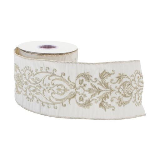 Melrose International Ornate White Ribbon 4"x5 Yds, White