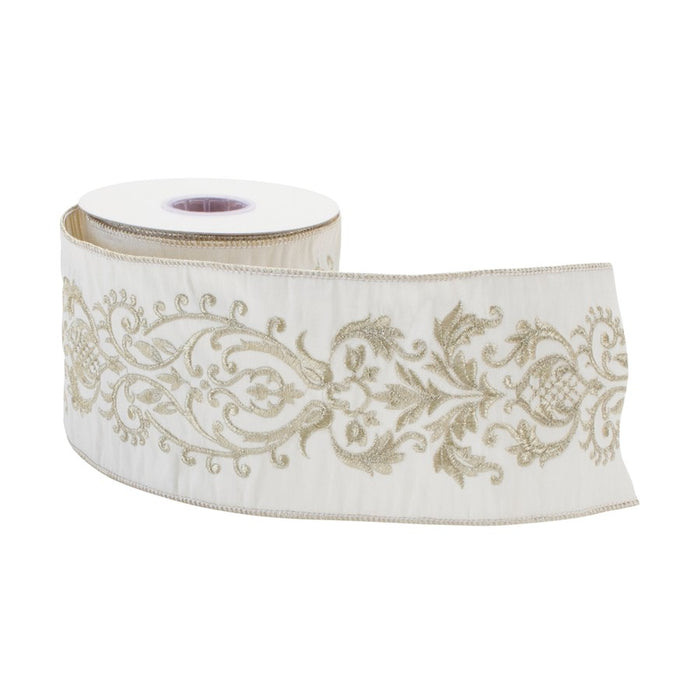 Melrose International Ornate White Ribbon 4"x5 Yds, White