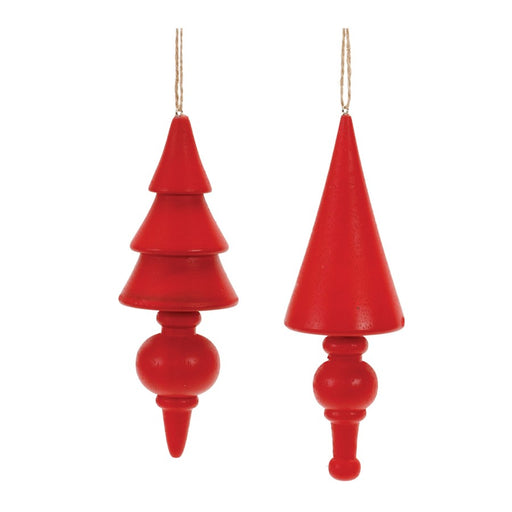 Melrose International Wood Pine Tree Finial Ornament, Set of 12, Red - 91806DS