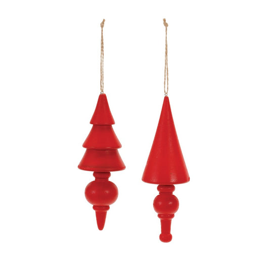 Melrose International Wood Pine Tree Finial Ornament, Set of 12, Red