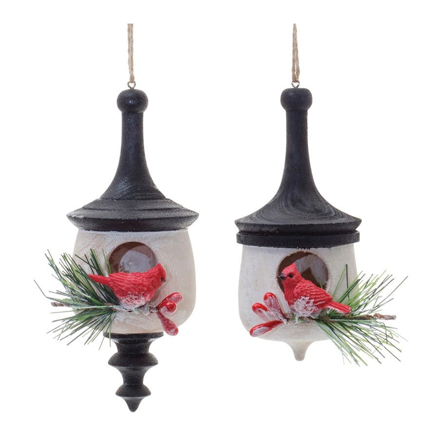 Melrose Wood Finial Birdhouse/Cardinal Ornament, Set of 6, White/Red/B - 91807DS