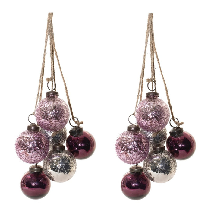 Melrose Glass Ball Cluster Drop Ornament, Set of 2, Purple/Silver