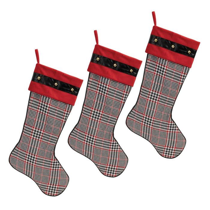 Melrose Houndstooth Plaid Holiday Stocking, Set of 3, Red/Black