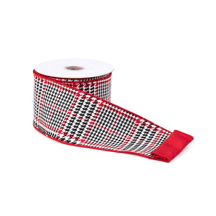 Melrose Houndstooth Plaid Wired Ribbon 4"x10yds, Black/Red/White